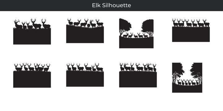 Elegant elk silhouette illustrations depicting wildlife nature and forest scenery in various compositions
