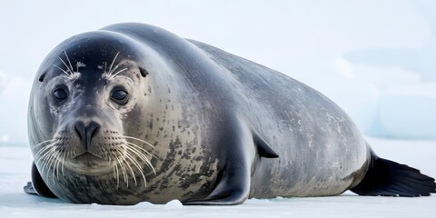 Close-Up of a Weddell Seal Resting on Antarctic Ice, Full Body. for wildlife education materials editorial use.