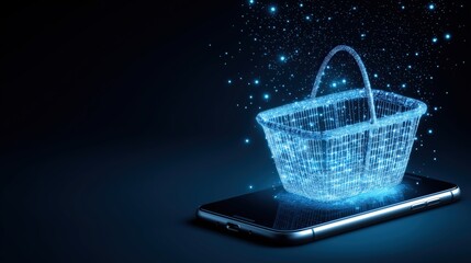 Digital Shopping Basket: A digital shopping basket hovers above a phone, illuminated with glowing particles, symbolizing ease of online commerce.