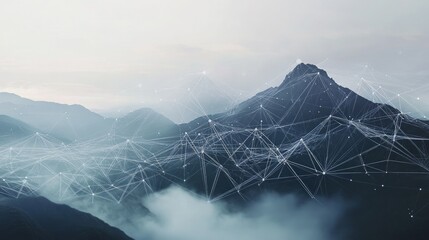 A futuristic abstract background showcasing low-poly lines and digital connections over a foggy mountain landscape The muted tones and soft focus give the design a calming yet technological ambiance
