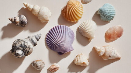 Vibrant Seashells on Beige Background