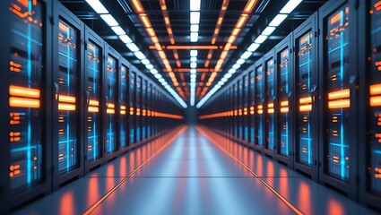 Obraz premium Futuristic Data Center Corridor with Glowing Orange and Blue Servers