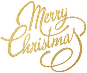 Gold Glitter Merry Christmas Handwritten Calligrraphy Lettering. Xmas Hand Drawn Element