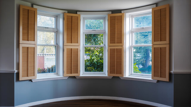 A modern interior room featuring a curved bay window with white-framed windows and beige plantation shutters