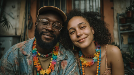 Obraz premium Couple celebrates joyful moment at colorful outdoor gathering in vibrant surroundings during sunny afternoon