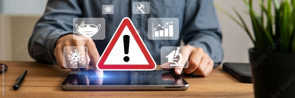 Poster hands interacting with a digital tablet displaying warning signs and health-related icons.