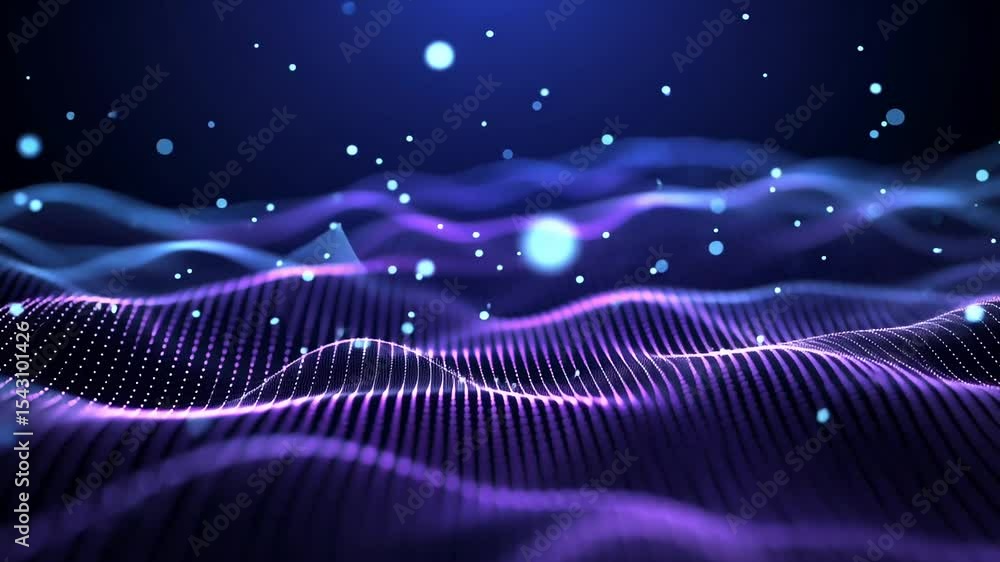 Poster abstract wavy background with glowing blue and violet light particles for modern digital design and 