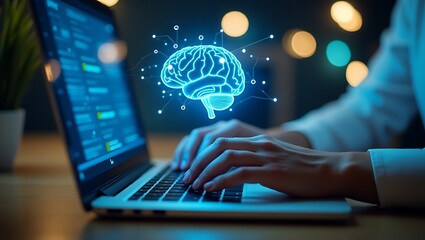 A person types on a laptop, a digital brain graphic hovers above the keyboard