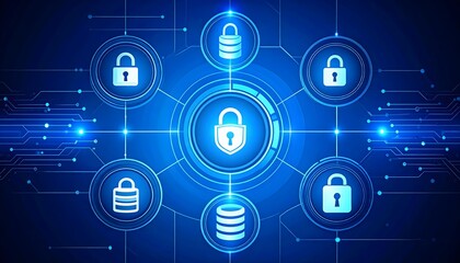 Technology security illustration with lock icons and database symbols
