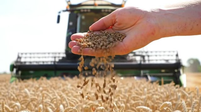 Wheat slowly pours from human hand in foreground while large combine harvester rolls through golden field in background during peaceful harvest