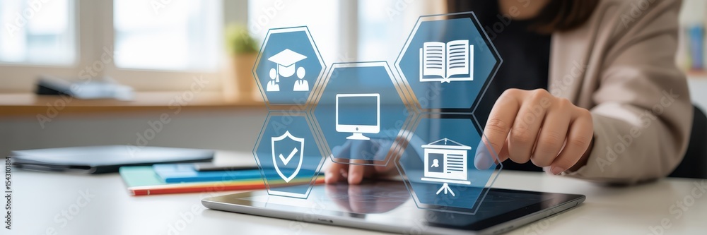 Poster interactive digital icons representing educational concepts.