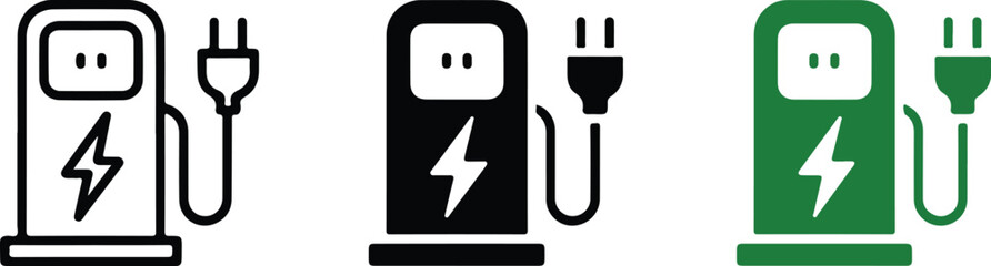 Three Minimalist Electric Vehicle Charging Station Icons
