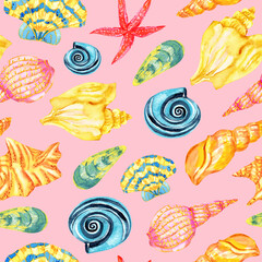 Seashell beach seamless watercolor pattern on pink background
