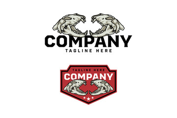 Tiger head bone with sharp fangs badge logo vector design set for wildlife, adventure, hunter. Wild tiger skull cranium vintage colorful illustration emblem logo collection