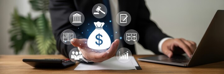 Businessperson holding a virtual money bag with various business icons.