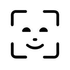 Black vector icon of a smiling face within a scanning frame, representing facial recognition, biometric ID, and secure authentication.
