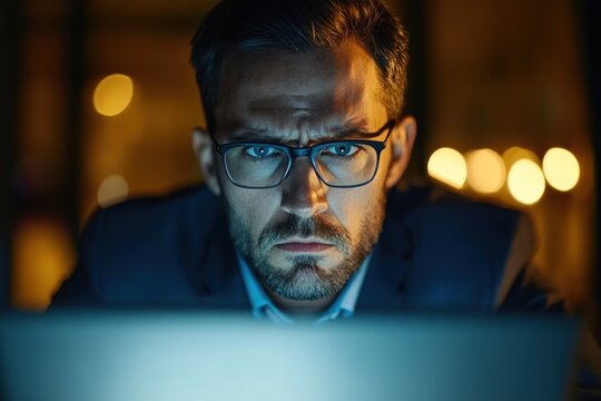 Businessman staring intently at laptop screen, serious and worried expression
