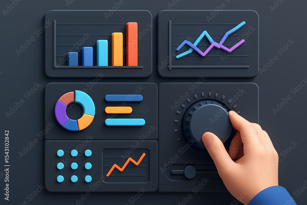 Poster navigating data: a stylized visualization of data charts, graph, and hand adjusting a dial, perfect 