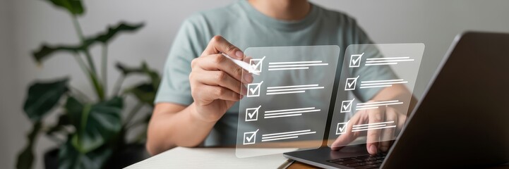 Person working on a digital checklist on a laptop.