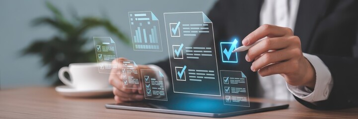 Person interacting with digital checklist documents on a tablet.