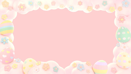 3D render colorful eggs and flowers frame on pastel coral pink background.
