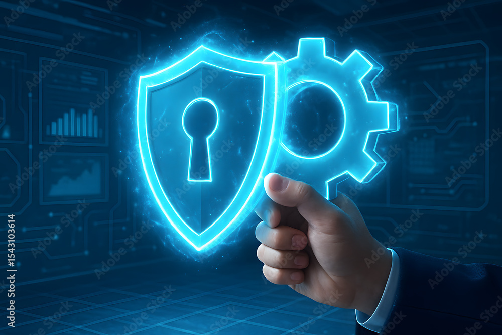 Poster shield and gear: a person's hand cradles a glowing shield and gear, symbolic of cyber security, inte