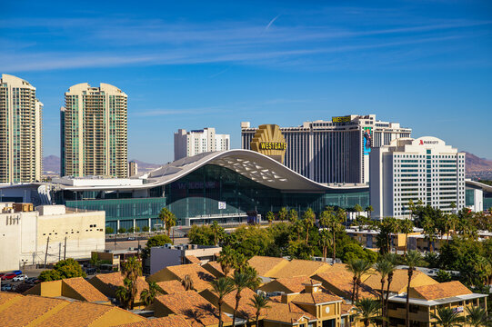 Las Vegas, Nevada, USA - November 10, 2023 : Aerial view of Las Vegas Convention Center West Hall with nearby hotels including Westgate and Marriott