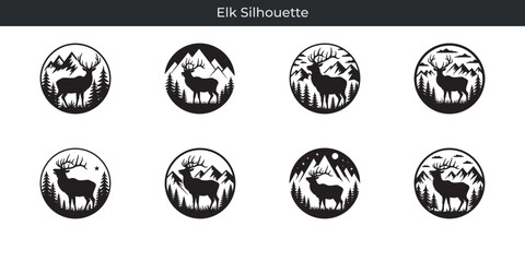 Obraz premium Collection of eight elk silhouette designs featuring mountains and trees within circular frames