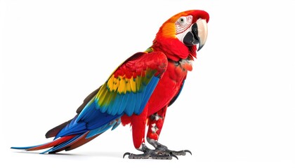 Vibrant Scarlet Macaw Parrot Bird Isolated on White Background Studio Shot