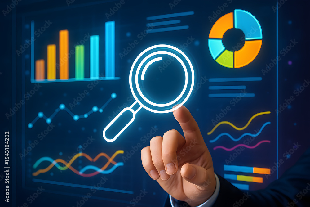Poster analyzing the analytics: a close-up view of a hand pointing at a digital interface, filled with vibr
