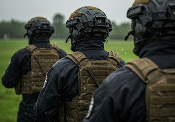 Fototapeta premium Rain-Soaked SWAT Team Awaits Deployment in Field