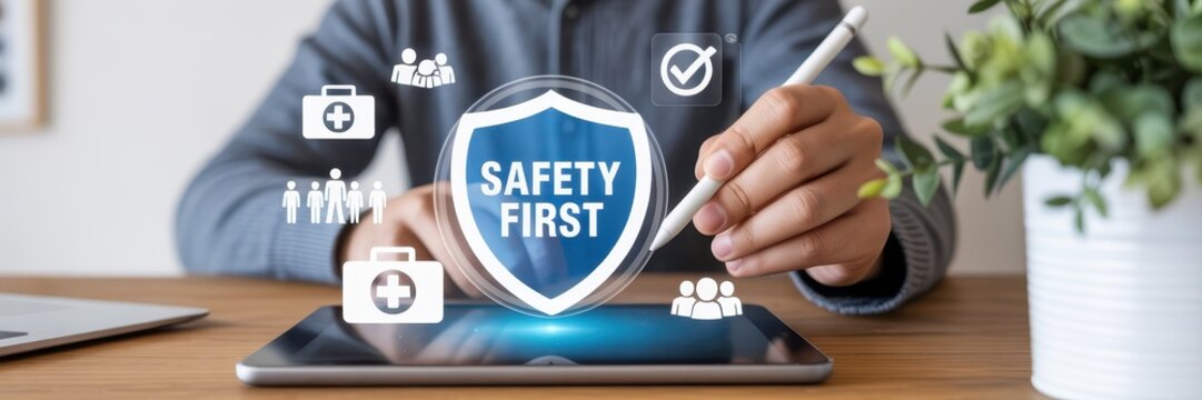 Person using a tablet to display a safety first concept.