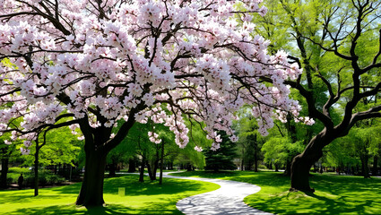 Naklejka premium Pink cherry trees blossom in a vibrant spring park landscape