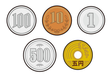 1円玉と5円玉と10円玉と100円玉と500円玉の硬貨セット