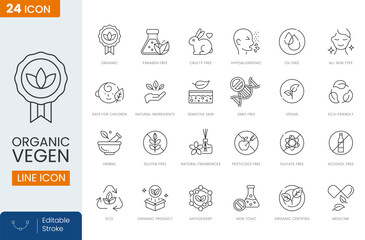 Organic Vegan Line Editable Icons set.  visually represents various attributes of organic and vegan products.