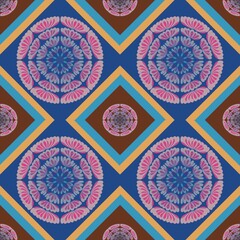 This image features a mandala-inspired floral pattern in circular arrangements. Pink, purple, and blue petals are set within diamond frames, creating a sense of harmony and geometric elegance.