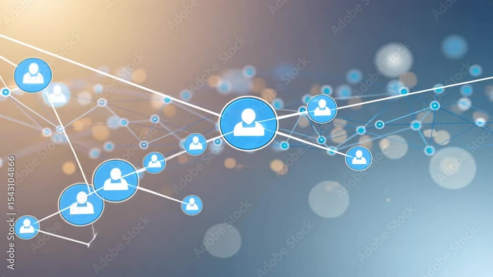 Poster connected digital network of people with interlinked nodes in a futuristic design on a light blue ba
