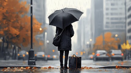 A woman in a black coat stands on a rainy city street, holding an umbrella and a suitcase, with autumn leaves on the ground.