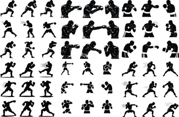 Boxer Punching Icon Silhouette Set – Powerful Combat Poses Fighter in Action Silhouette Set – Boxing Sports Icon Collection