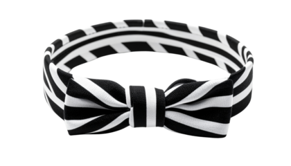 An elegant striped headband with a knotted design, perfectly complementing a stylish look. The headband has bold black and white stripes isolated on solid white background