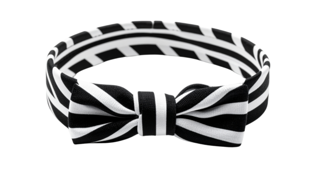An elegant striped headband with a knotted design, perfectly complementing a stylish look. The headband has bold black and white stripes isolated on solid white background