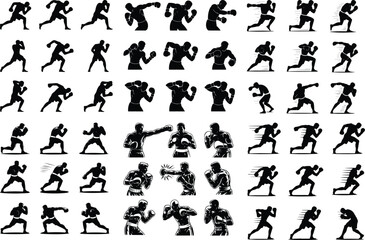 Boxer Punching Icon Silhouette Set – Powerful Combat Poses Fighter in Action Silhouette Set – Boxing Sports Icon Collection