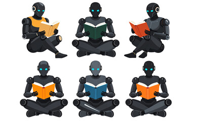 Set of Humanoid Robot Sitting and Reading a Book, isolated on transparent background