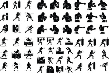 Boxer Punching Icon Silhouette Set – Powerful Combat Poses Fighter in Action Silhouette Set – Boxing Sports Icon Collection