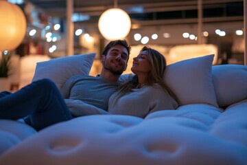 Obraz premium Bright store lighting, man and woman reclining on mattress, testing softness