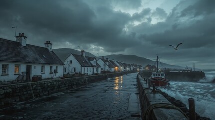 Moody evening scene of traditional fishing village with stone pier and boats