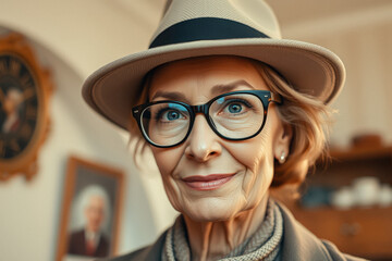 Stylish Senior Woman Wearing Glasses and Hat