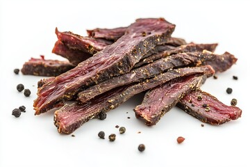 Thin air-dried spiced beef strips of biltong arranged on a clean white background with peppercorns scattered around