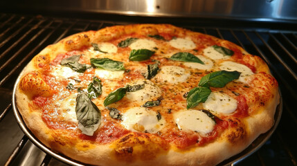 Baking classic margherita pizza in a high-fidelity oven warm italian kitchen close-up