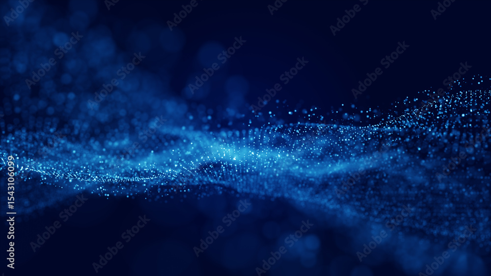 Poster Futuristic Blue Digital Wave Background with Glowing Dots and Lines in Abstract Technology Pattern. 3D rendering